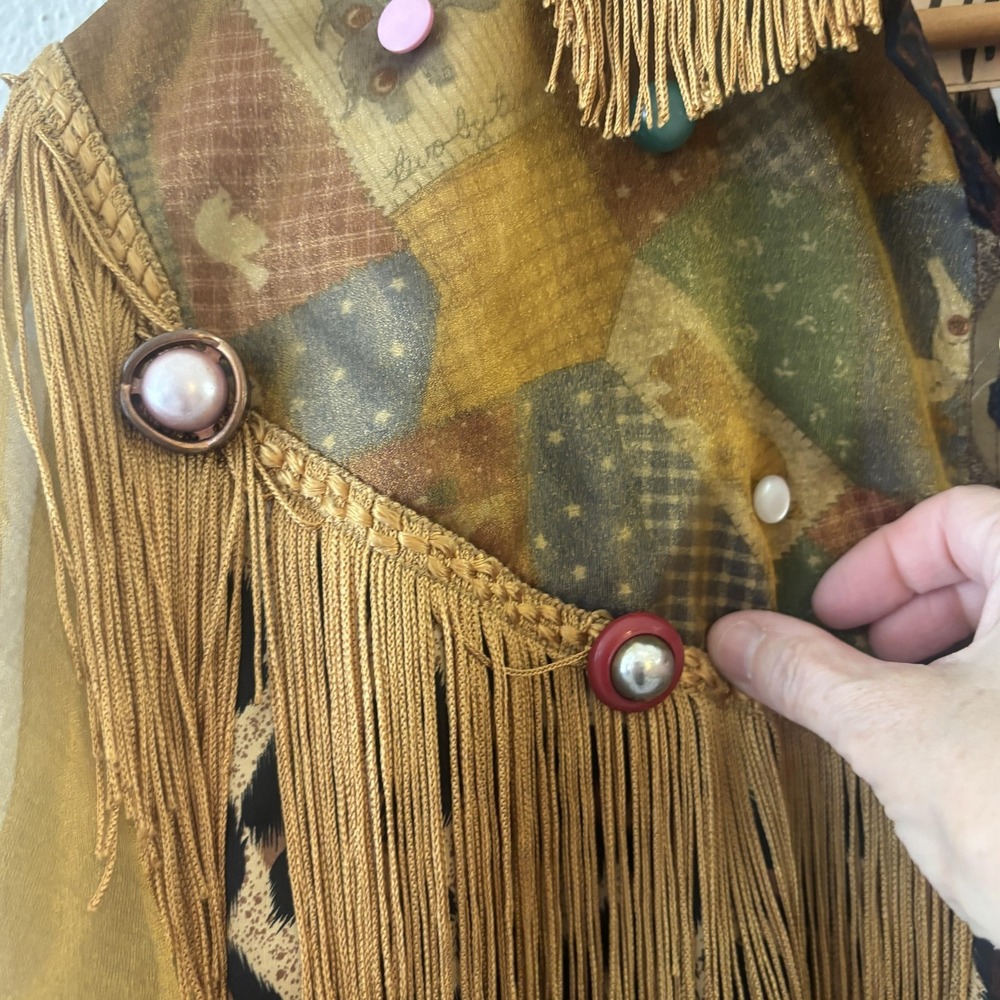 Vtg J. Wilde Silk Blend Leopard Top Jacket Womens M Western Fringe Boho Texas - Picture 6 of 12